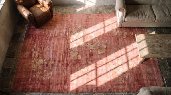 Antique chinese art deco oversized coral rug wool 2 Antique chinese art deco oversized coral rug wool (sku 20787) - styled overhead view