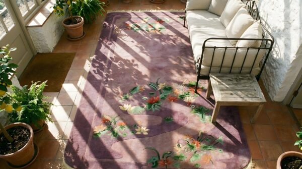 Antique chinese - art deco wool purple rug 2 Antique chinese - art deco wool purple rug (sku 25049) - styled overhead view