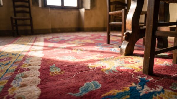 Chinese - art deco knotted antique rectangle 1920s room size wool coral rug 7 Chinese - art deco knotted antique rectangle 1920s room size wool coral rug (sku 22527) - in-room detail