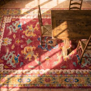 Chinese - Art Deco Knotted Antique Rectangle 1920s Room Size Wool Coral Rug (SKU 22527) - styled overhead view