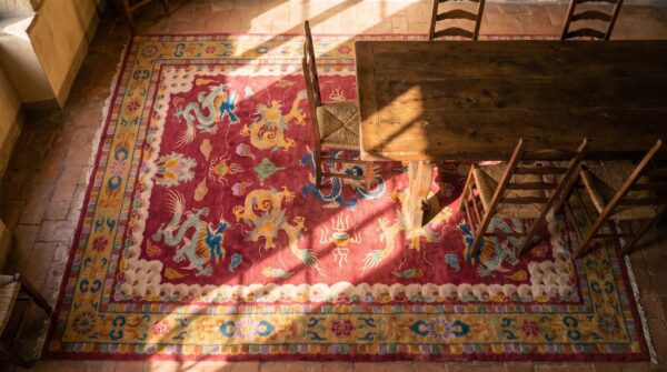 Chinese - art deco knotted antique rectangle 1920s room size wool coral rug 2 Chinese - art deco knotted antique rectangle 1920s room size wool coral rug (sku 22527) - styled overhead view