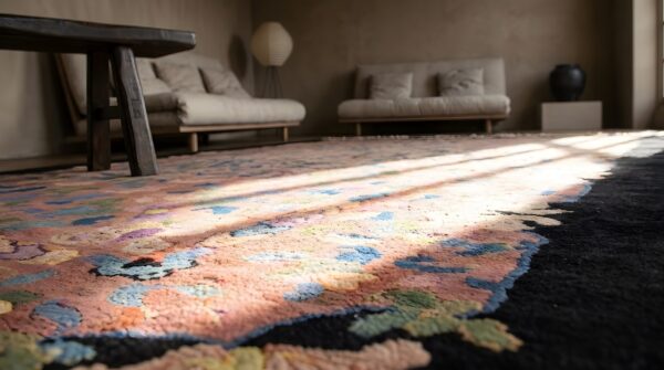 Chinese - art deco knotted rectangle 1930s wool coral room size antique rug 8 Chinese - art deco knotted rectangle 1930s wool coral room size antique rug (sku 22132) - in-room detail