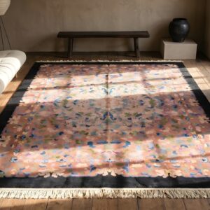 Chinese - Art Deco Knotted Rectangle 1930s Wool Coral Room Size Antique Rug (SKU 22132) - styled overhead view