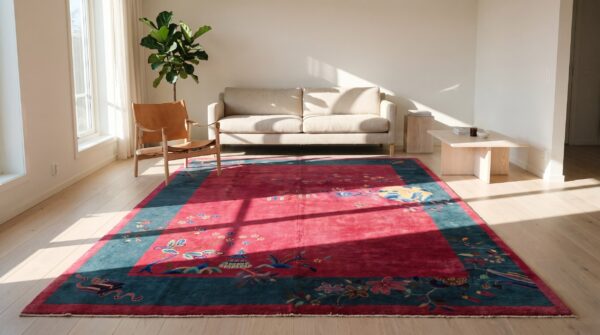 Chinese knotted - art deco rectangle antique wool purple 1920s room size rug (sku 22791) - room view