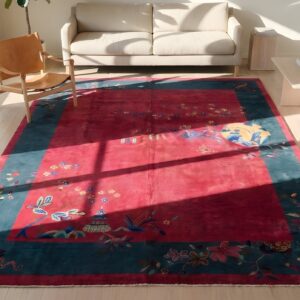 Chinese Knotted - Art Deco Rectangle Antique Wool Purple 1920s Room Size Rug (SKU 22791) - styled overhead view