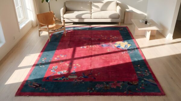 Chinese knotted - art deco rectangle antique wool purple 1920s room size rug (sku 22791) - styled overhead view