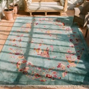 Chinese - Art Deco Rectangle Knotted Antique Room Size Wool 1920s Rug (SKU 22977) - styled overhead view