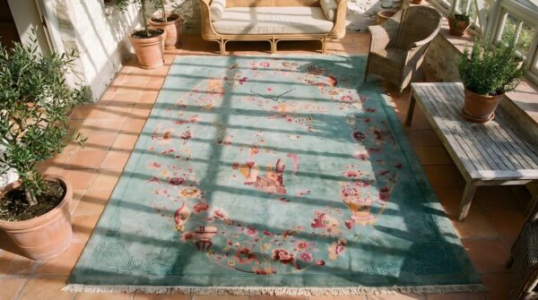 Chinese - art deco rectangle knotted antique room size wool 1920s rug (sku 22977) - styled overhead view