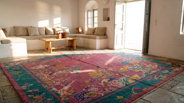 Chinese antique - art deco rectangle room size wool knotted 1920s coral rug 8 Chinese antique - art deco rectangle room size wool knotted 1920s coral rug (sku 22258) - room view