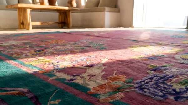 Chinese antique - art deco rectangle room size wool knotted 1920s coral rug 9 Chinese antique - art deco rectangle room size wool knotted 1920s coral rug (sku 22258) - in-room detail