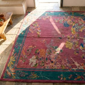 Chinese Antique - Art Deco Rectangle Room Size Wool Knotted 1920s Coral Rug (SKU 22258) - styled overhead view