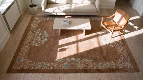 Antique wool chinese - art deco knotted rectangle room size 1930s rug (sku 22577) - styled overhead view