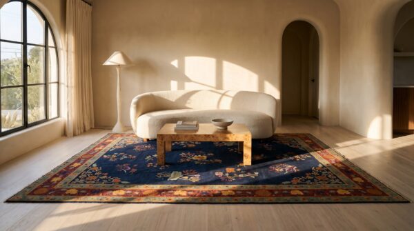 Chinese - art deco rectangle knotted antique wool room size blue 1920s rug 8 Chinese - art deco rectangle knotted antique wool room size blue 1920s rug (sku 24500) - room view