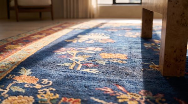 Chinese - art deco rectangle knotted antique wool room size blue 1920s rug 9 Chinese - art deco rectangle knotted antique wool room size blue 1920s rug (sku 24500) - in-room detail