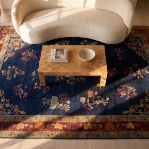 Chinese - Art Deco Rectangle Knotted Antique Wool Room Size Blue 1920s Rug (SKU 24500) - styled overhead view