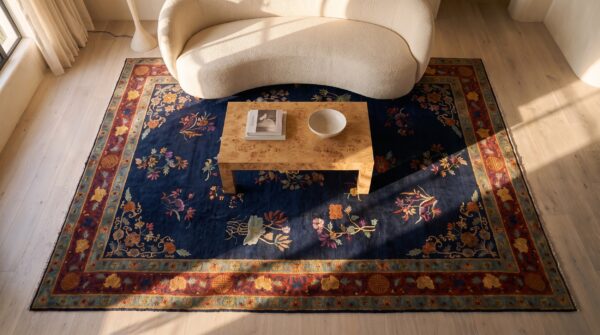 Chinese - art deco rectangle knotted antique wool room size blue 1920s rug 2 Chinese - art deco rectangle knotted antique wool room size blue 1920s rug (sku 24500) - styled overhead view