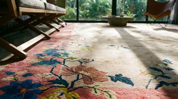 Antique chinese - art deco room size wool beige, rose rug 11 Antique chinese - art deco room size wool beige, rose rug (sku 25199) - in-room detail