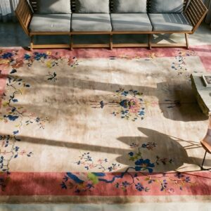 Antique Chinese - Art Deco Room Size Wool Beige, Rose Rug (SKU 25199) - styled overhead view