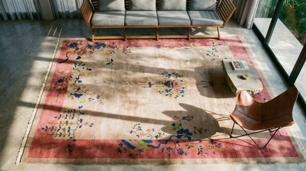 Antique chinese - art deco room size wool beige, rose rug 2 Antique chinese - art deco room size wool beige, rose rug (sku 25199) - styled overhead view