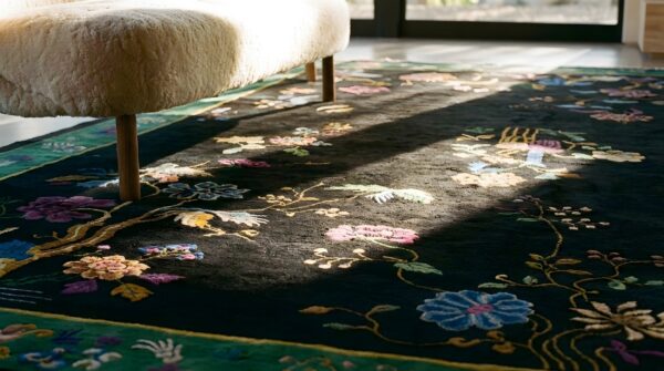 Antique chinese - art deco room size wool black rug 11 Antique chinese - art deco room size wool black rug (sku 24891) - in-room detail
