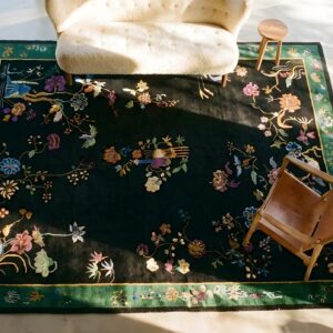 Antique Chinese - Art Deco Room Size Wool Black Rug (SKU 24891) - styled overhead view