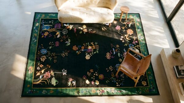 Antique chinese - art deco room size wool black rug 2 Antique chinese - art deco room size wool black rug (sku 24891) - styled overhead view