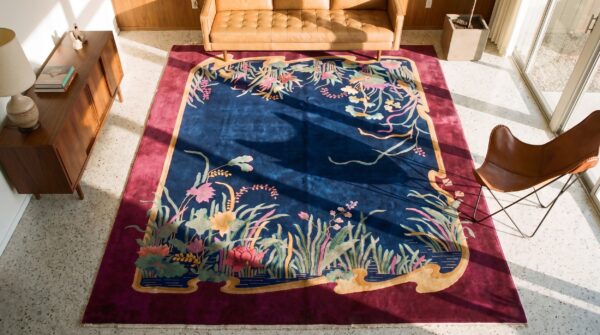 Antique chinese art deco room size wool blue rug (sku 24887) - styled overhead view