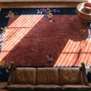 Antique Chinese - Art Deco Room Size Wool Blue Navy, Red Rug (SKU 24889) - styled overhead view
