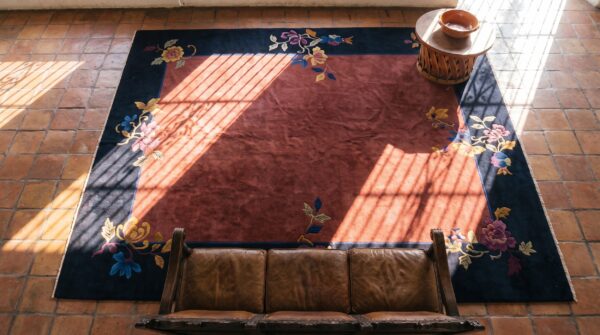 Antique chinese - art deco room size wool blue navy, red rug 2 Antique chinese - art deco room size wool blue navy, red rug (sku 24889) - styled overhead view