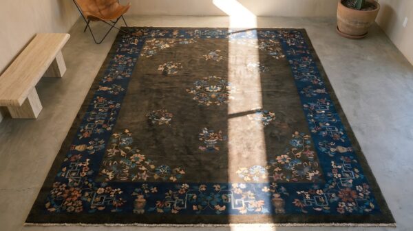 Antique chinese - art deco room size wool brown rug (sku 22307) - styled overhead view