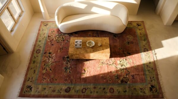 Antique chinese - art deco room size wool coral rug 2 Antique chinese - art deco room size wool coral rug (sku 24867) - styled overhead view