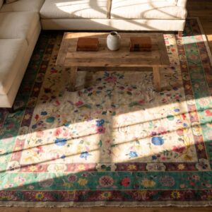 Antique Chinese - Art Deco Room Size Wool Ivory Rug (SKU 25062) - styled overhead view
