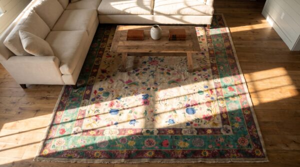 Antique chinese - art deco room size wool ivory rug 2 Antique chinese - art deco room size wool ivory rug (sku 25062) - styled overhead view