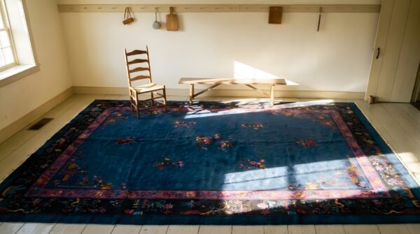 Antique chinese - art deco room size wool - manchester blue rug 2 Antique chinese - art deco room size wool - manchester blue rug (sku 24892) - styled overhead view