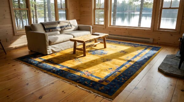 Antique chinese - art deco room size wool manchester yellow rug 9 Antique chinese - art deco room size wool manchester yellow rug (sku 25829) - room view