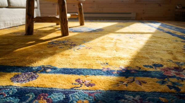 Antique chinese - art deco room size wool manchester yellow rug 10 Antique chinese - art deco room size wool manchester yellow rug (sku 25829) - in-room detail
