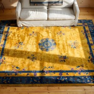 Antique Chinese - Art Deco Room Size Wool Manchester Yellow Rug (SKU 25829) - styled overhead view