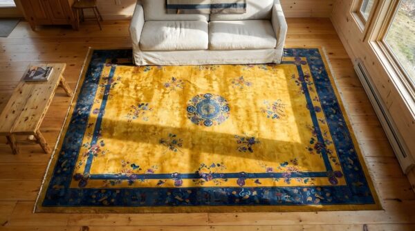 Antique chinese - art deco room size wool manchester yellow rug 2 Antique chinese - art deco room size wool manchester yellow rug (sku 25829) - styled overhead view