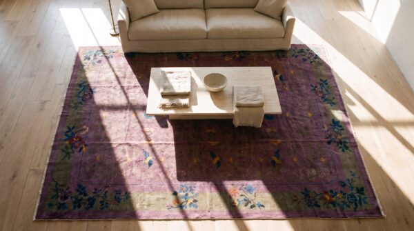 Antique chinese - art deco room size wool purple rug 2 Antique chinese - art deco room size wool purple rug (sku 25093) - styled overhead view