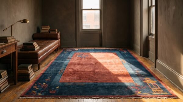 Knotted chinese - art deco antique room size wool rectangle 1920s coral rug 5 Knotted chinese - art deco antique room size wool rectangle 1920s coral rug (sku 22165) - room view