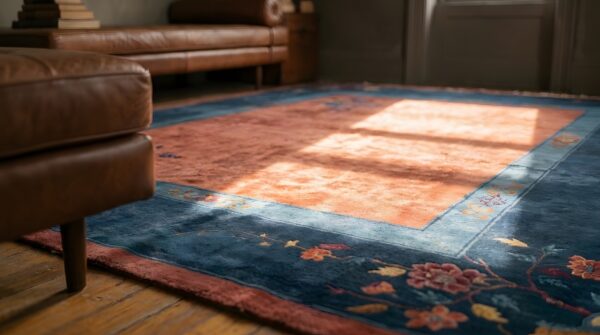 Knotted chinese - art deco antique room size wool rectangle 1920s coral rug 6 Knotted chinese - art deco antique room size wool rectangle 1920s coral rug (sku 22165) - in-room detail