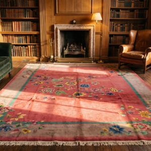 Chinese Art Deco Room Size Rectangle Antique 1920s Wool Knotted Coral Rug (SKU 22264) - room view