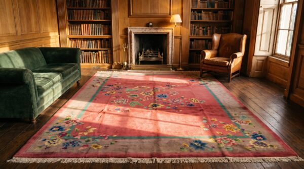 Chinese art deco room size rectangle antique 1920s wool knotted coral rug 6 Chinese art deco room size rectangle antique 1920s wool knotted coral rug (sku 22264) - room view