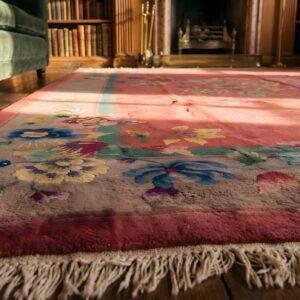Chinese Art Deco Room Size Rectangle Antique 1920s Wool Knotted Coral Rug (SKU 22264) - in-room detail