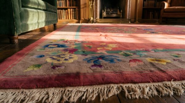 Chinese art deco room size rectangle antique 1920s wool knotted coral rug 7 Chinese art deco room size rectangle antique 1920s wool knotted coral rug (sku 22264) - in-room detail