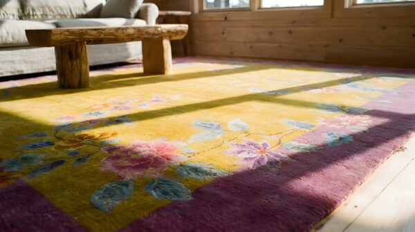 Antique chinese art deco room size wool yellow rug 8 Antique chinese art deco room size wool yellow rug (sku 24863) - in-room detail