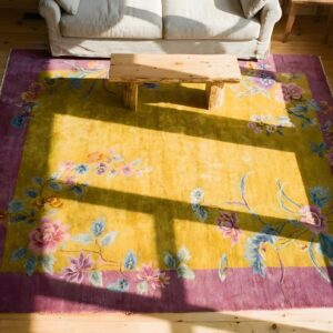 Antique Chinese Art Deco Room Size Wool Yellow Rug (SKU 24863) - styled overhead view