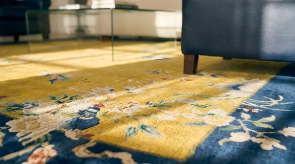Antique chinese art deco room size wool pile yellow color rug 6 Antique chinese art deco room size wool pile yellow color rug (sku 23729) - in-room detail