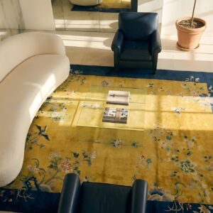 Antique Chinese Art Deco Room Size Wool Pile Yellow Color Rug (SKU 23729) - styled overhead view