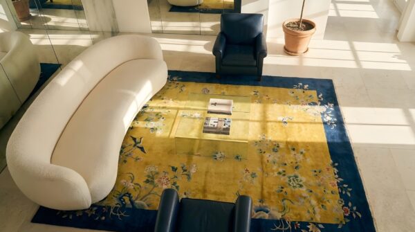 Antique chinese art deco room size wool pile yellow color rug 2 Antique chinese art deco room size wool pile yellow color rug (sku 23729) - styled overhead view